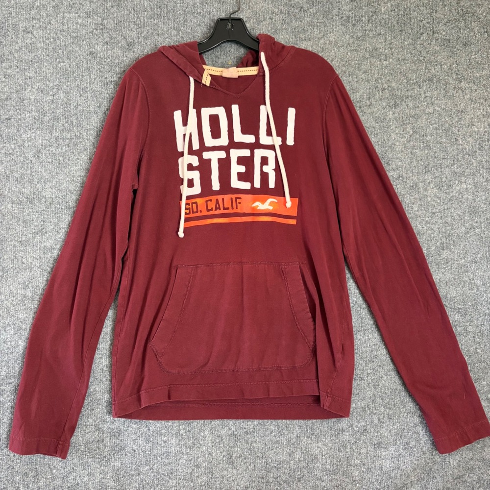 Hollister Hooded T-Shirt Mens Large Burgundy Graphic Logo So. Calif Surf Tee